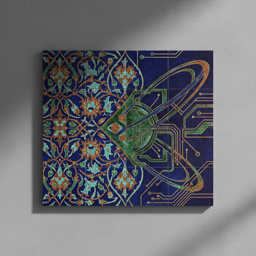 A high-contrast, photorealistic close-up of an intricately patterned, contemporary Turkish ceramic tile panel, where traditional Iznik-inspired motifs in cobalt blue, emerald, and rust red slowly morph into sleek, abstract representations of circuit boards and orbital lines toward one edge. The tile surface is glossy and detailed, every pigment and crackle visible. It is mounted on a smooth, matte concrete wall in a minimalist gallery-like setting. Directional side lighting from the left creates subtle highlights on the glaze and defined shadows in tile joints, underscoring craftsmanship and innovation. The composition is asymmetrical, with the transformation from heritage pattern to technological abstraction placed along the rule of thirds line. The mood is refined and contemplative, celebrating rooted culture evolving toward the space age in a clean, modern photographic aesthetic.