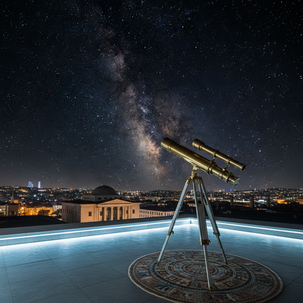 A night-time rooftop observatory scene in Istanbul rendered in precise photographic realism, entirely devoid of people: a polished brass telescope with understated Seljuk-style geometric engraving stands on a smooth stone terrace, its tripod feet resting on a discrete kilim-patterned mat with desaturated earth tones. The telescope points toward a crystal-clear sky overflowing with stars and a visible band of the Milky Way, while the faint outline of a modern city skyline and a recognizable, secular public building glow softly below. Discreet LED strip lights along the terrace edge cast a cool, even illumination, leaving the telescope rim-lit against the dark sky. The atmosphere is serene, rational, and exploratory. Shot from a low angle, the composition emphasizes the upward gaze, with a shallow depth of field gently blurring distant buildings.