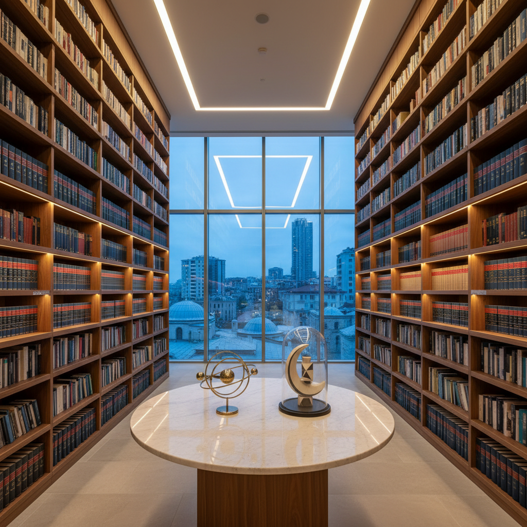 A dignified, photorealistic interior of an imagined Türk Rönesansı kültür merkezi without any people: tall bookshelves of warm walnut wood filled with uniformly bound volumes in deep blues, terracottas, and creams, many spines adorned with modernized Anatolian geometric patterns. At the center stands a circular table made of pale marble, its surface supporting a minimalist metallic model of the solar system and a small glass dome encasing a symbolic crescent-shaped ceramic piece reinterpreted as a purely abstract, secular design. Large floor-to-ceiling windows reveal a twilit city skyline with subtle hints of modern Turkish architecture. Soft, indirect ceiling lights combine with the cool evening light, creating a serene, sophisticated mood. Shot from a wide-angle, eye-level perspective with sharp focus throughout, emphasizing openness, inclusivity, and a future-oriented cultural vision.
