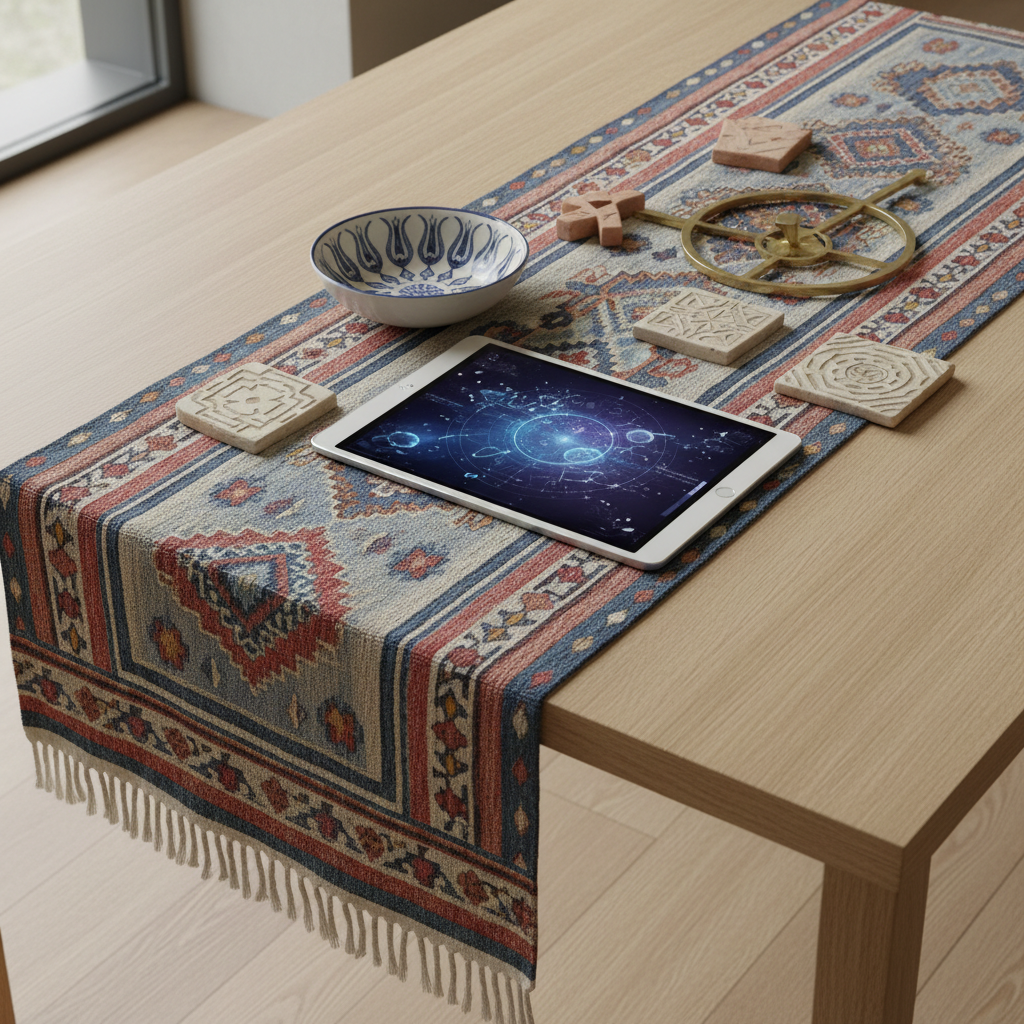 A photorealistic study of a modern, minimal library table where traditional Türk kültürü meets future vision: a finely woven kilim-inspired textile runner in muted reds and indigos stretches across a light oak surface, supporting a slim, futuristic metallic tablet whose glowing screen reflects abstract star charts and orbital diagrams. Around it lie meticulously detailed ceramic motifs, a stylized tulip pattern bowl, and a brass astrolabe-like object subtly redesigned with clean, secular geometric lines. Soft, diffused daylight from an unseen window casts gentle shadows and emphasizes textures. The atmosphere is calm, intellectual, and egalitarian, suggesting a democratic space of free thought. Captured from a slightly elevated angle using the rule of thirds, with sharp focus on the meeting point of fabric and tablet, rendered in clean, high-end photographic realism.